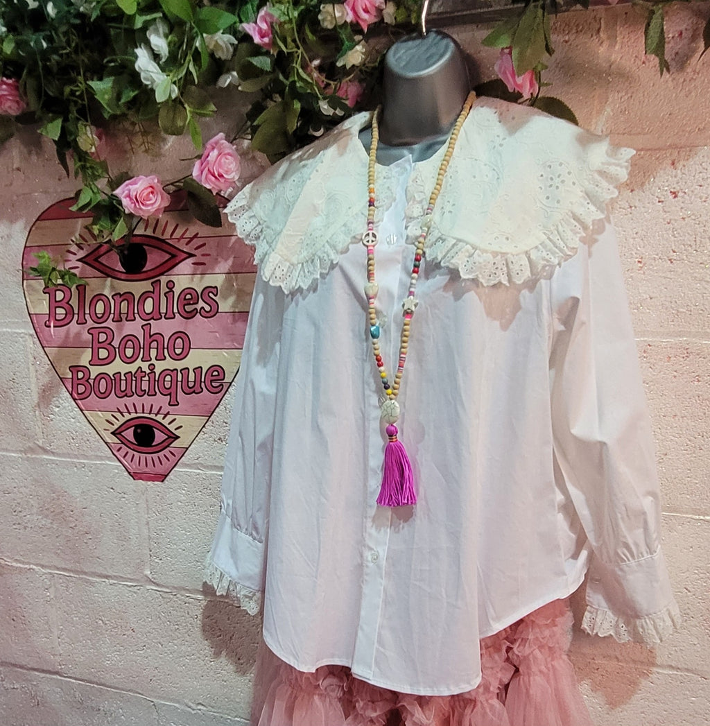 Scarlett Lace Collared Cotton Shirt Ivory & Cream