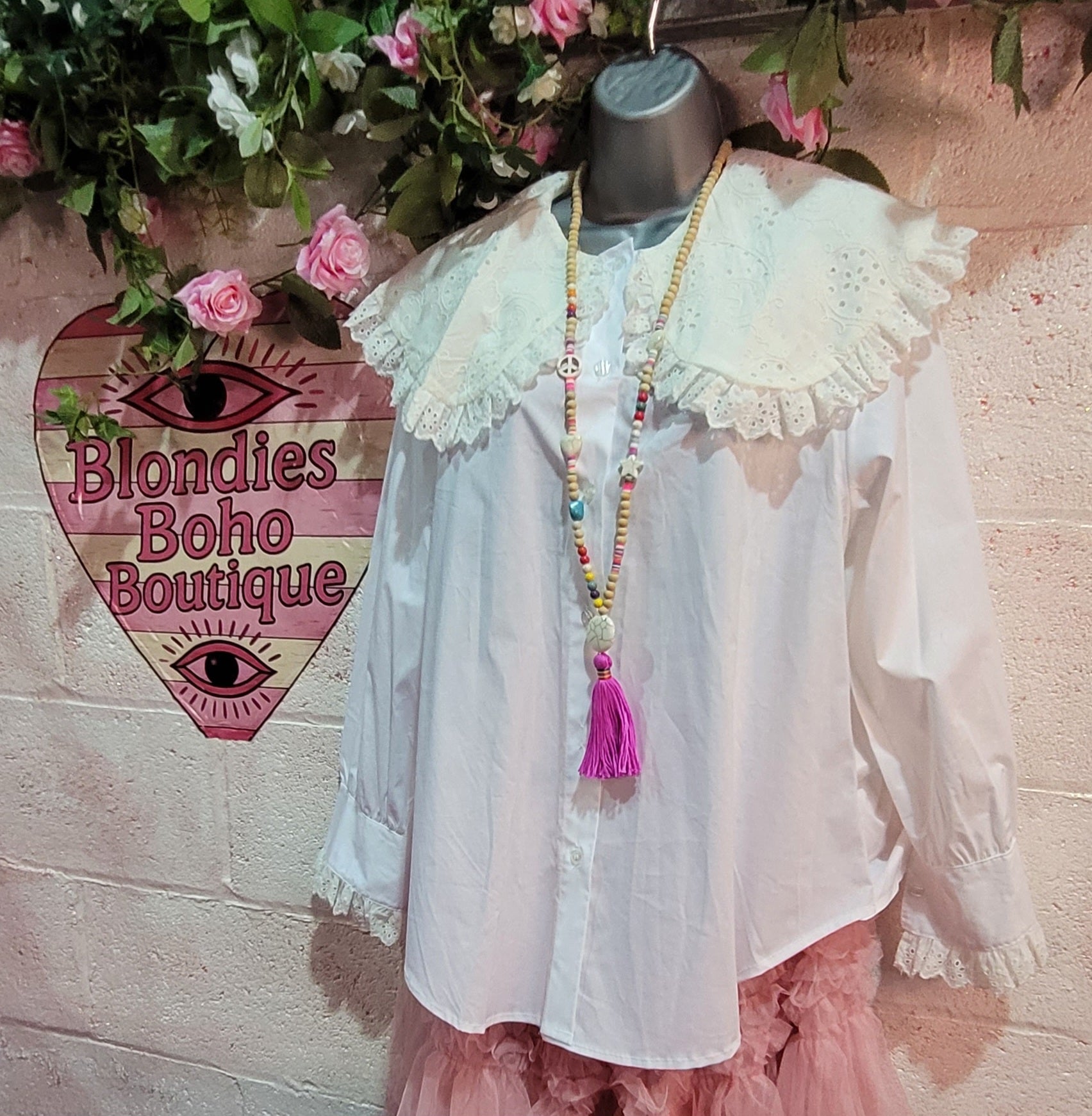 Scarlett Lace Collared Cotton Shirt Ivory & Cream