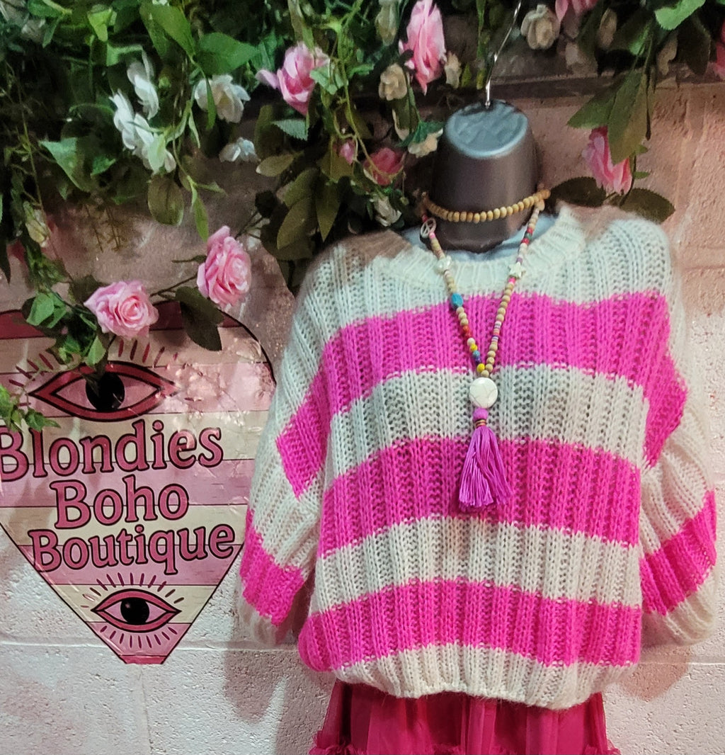 Betsy Cable Knit Striped Jumper Fuschia & Ivory