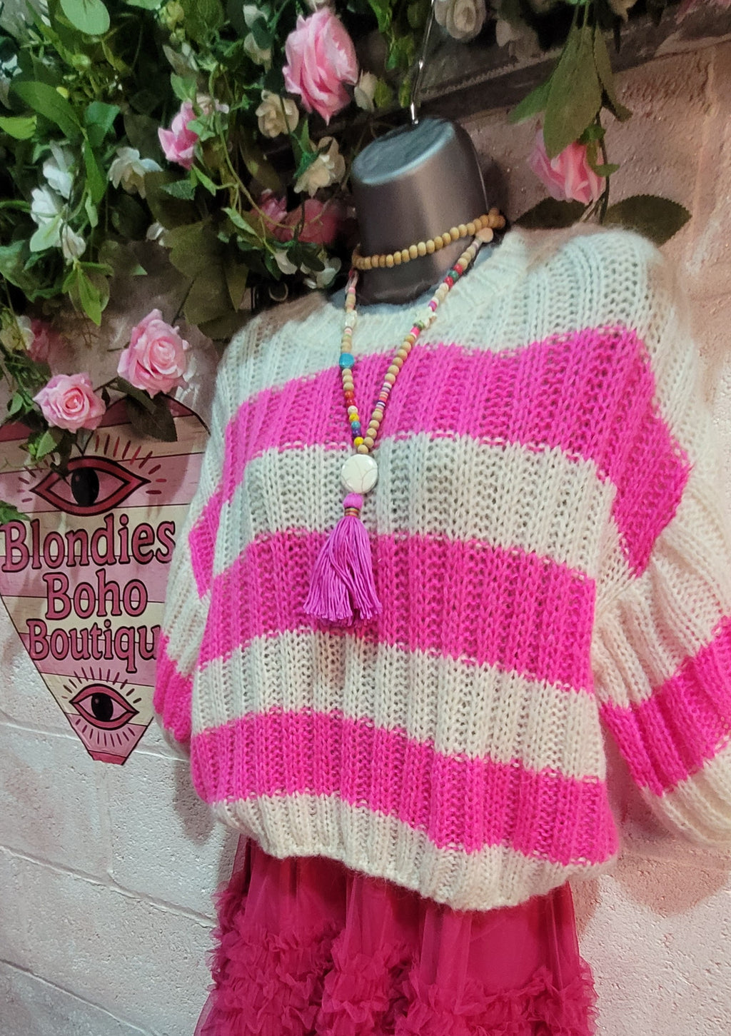 Betsy Cable Knit Striped Jumper Fuschia & Ivory