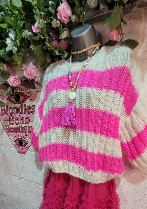 Betsy Cable Knit Striped Jumper Fuschia & Ivory