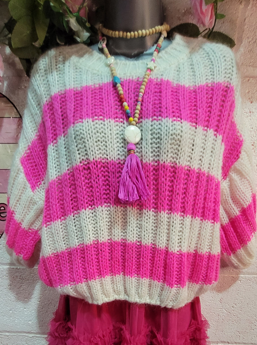 Betsy Cable Knit Striped Jumper Fuschia & Ivory