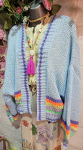 Belinda Bubble Knit Slouch Cardigan, Blue & Rainbow Stripe Trim