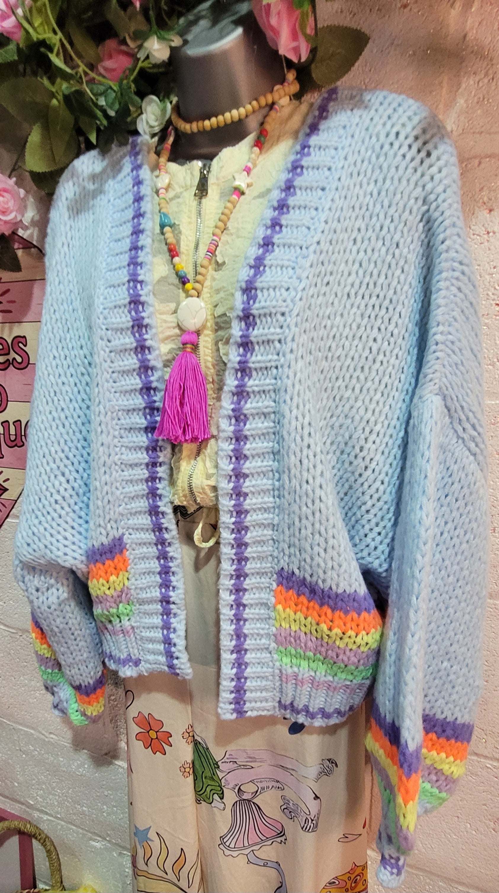 Belinda Bubble Knit Slouch Cardigan, Blue & Rainbow Stripe Trim