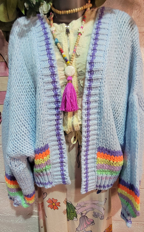 Belinda Bubble Knit Slouch Cardigan, Blue & Rainbow Stripe Trim