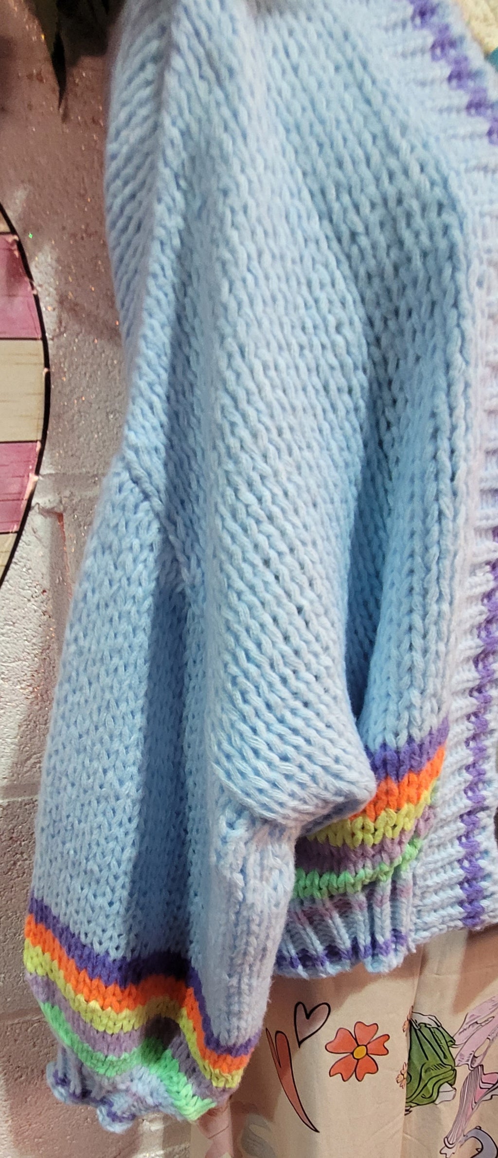 Belinda Bubble Knit Slouch Cardigan, Blue & Rainbow Stripe Trim