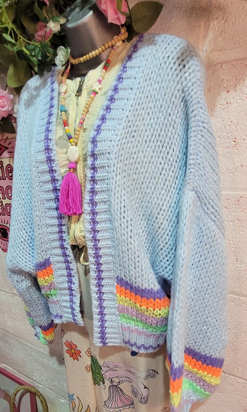Belinda Bubble Knit Slouch Cardigan, Blue & Rainbow Stripe Trim