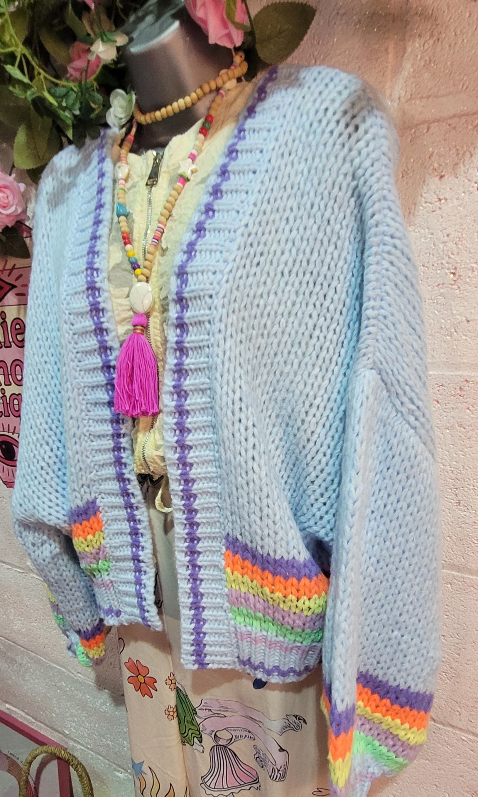 Belinda Bubble Knit Slouch Cardigan, Blue & Rainbow Stripe Trim