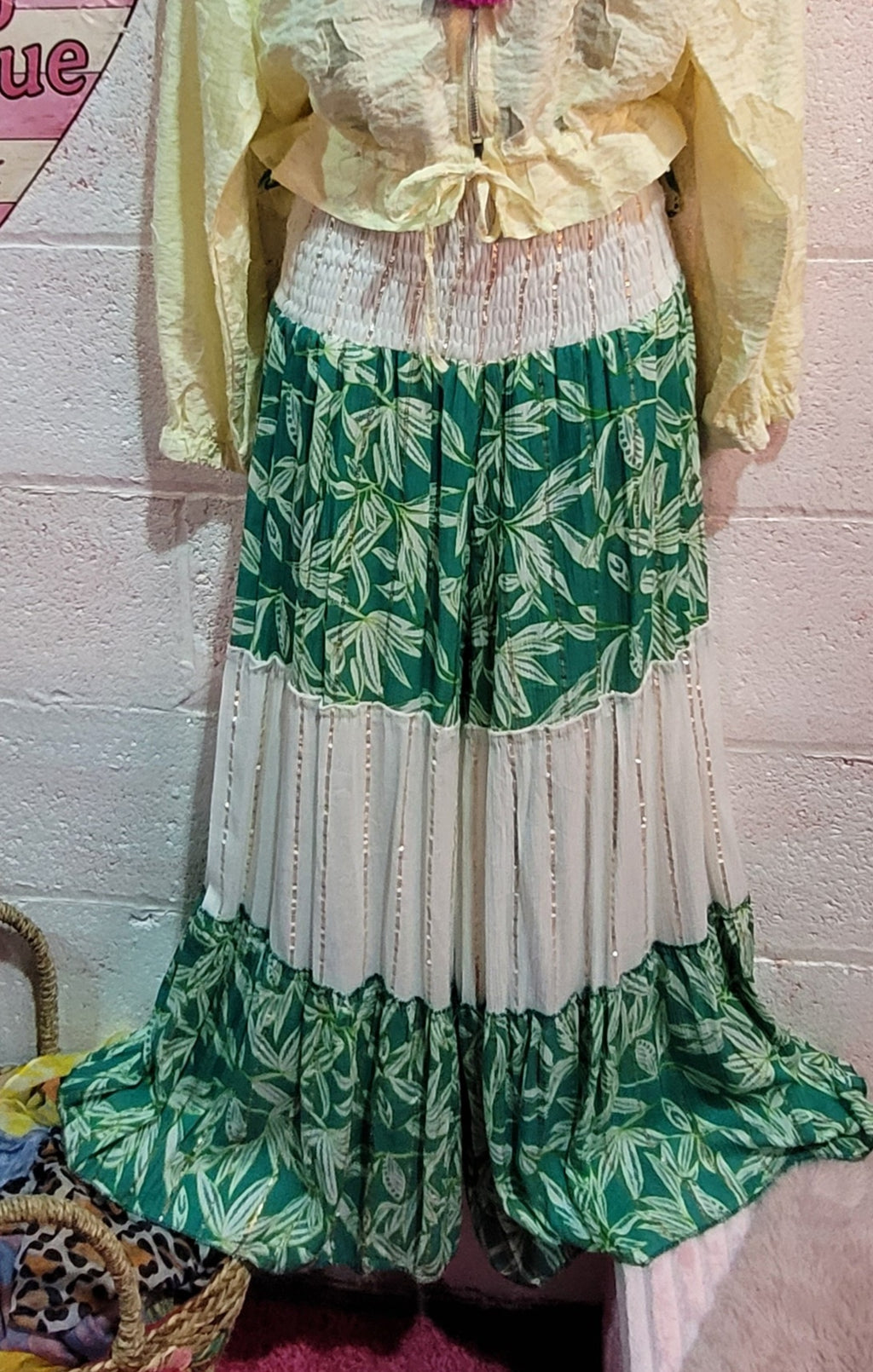 Lianna Leaf Wide Leg Pallazzo Pant, Green, Ivory & Gold