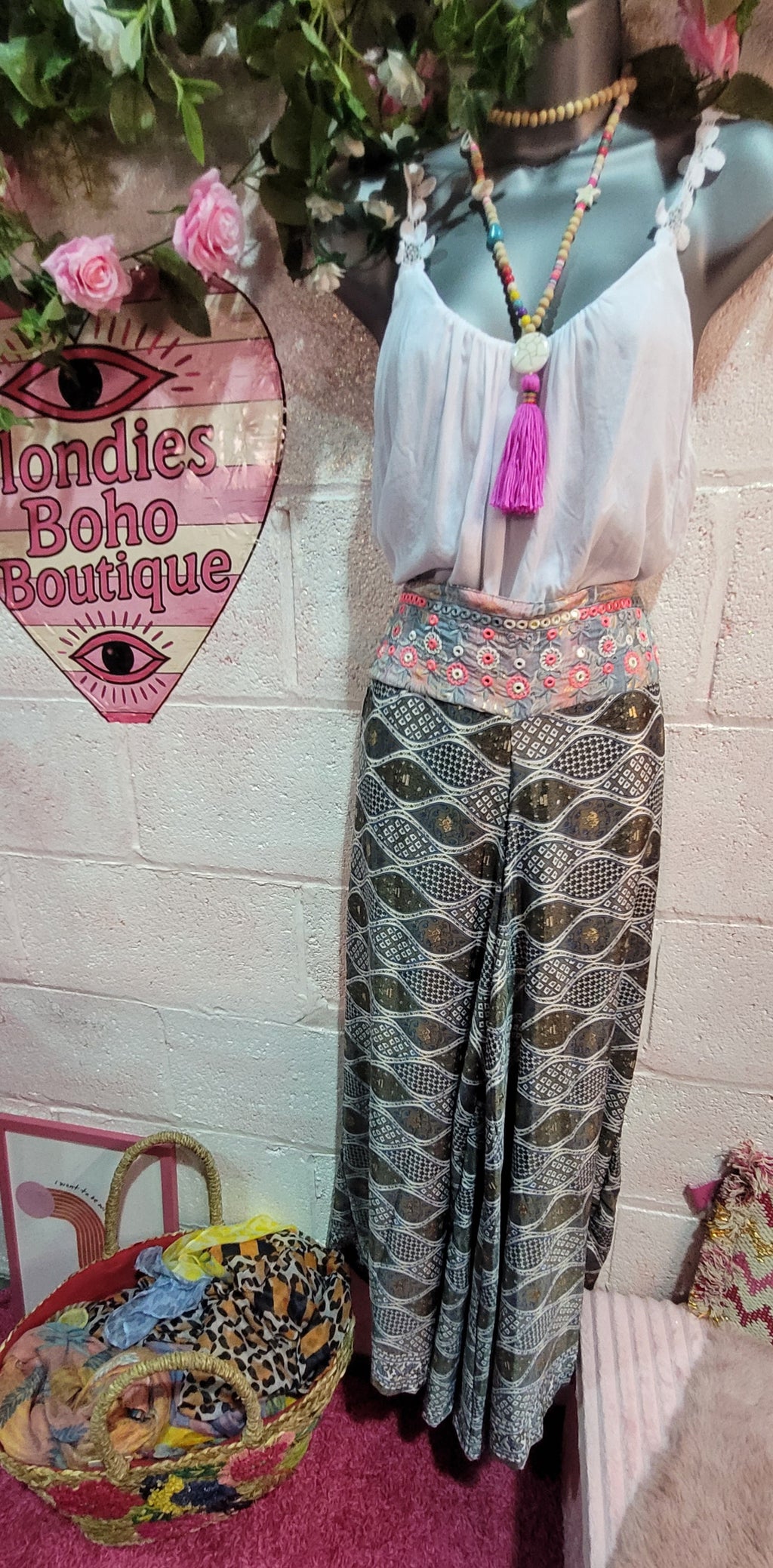 Gertie Mirrored Band Pallazzo Pants, Navy, Ivory & Gold