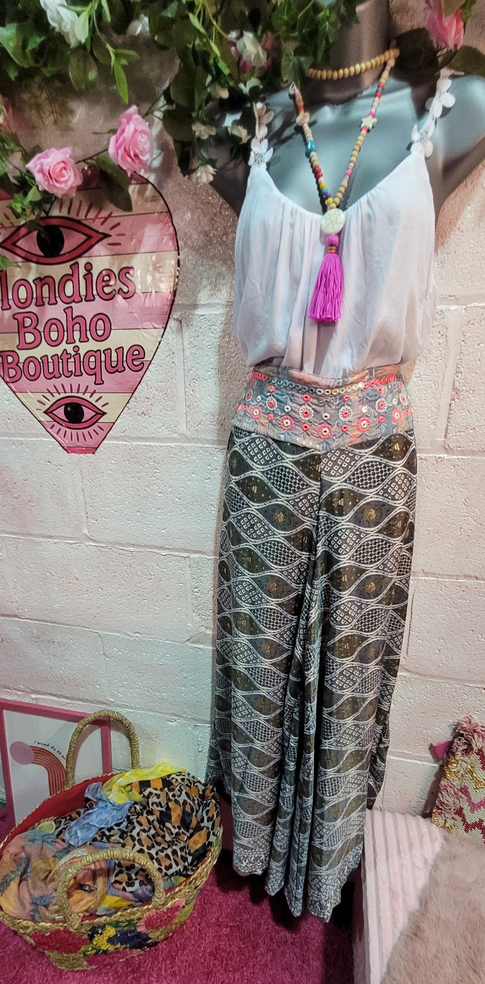 Gertie Mirrored Band Pallazzo Pants, Navy, Ivory & Gold