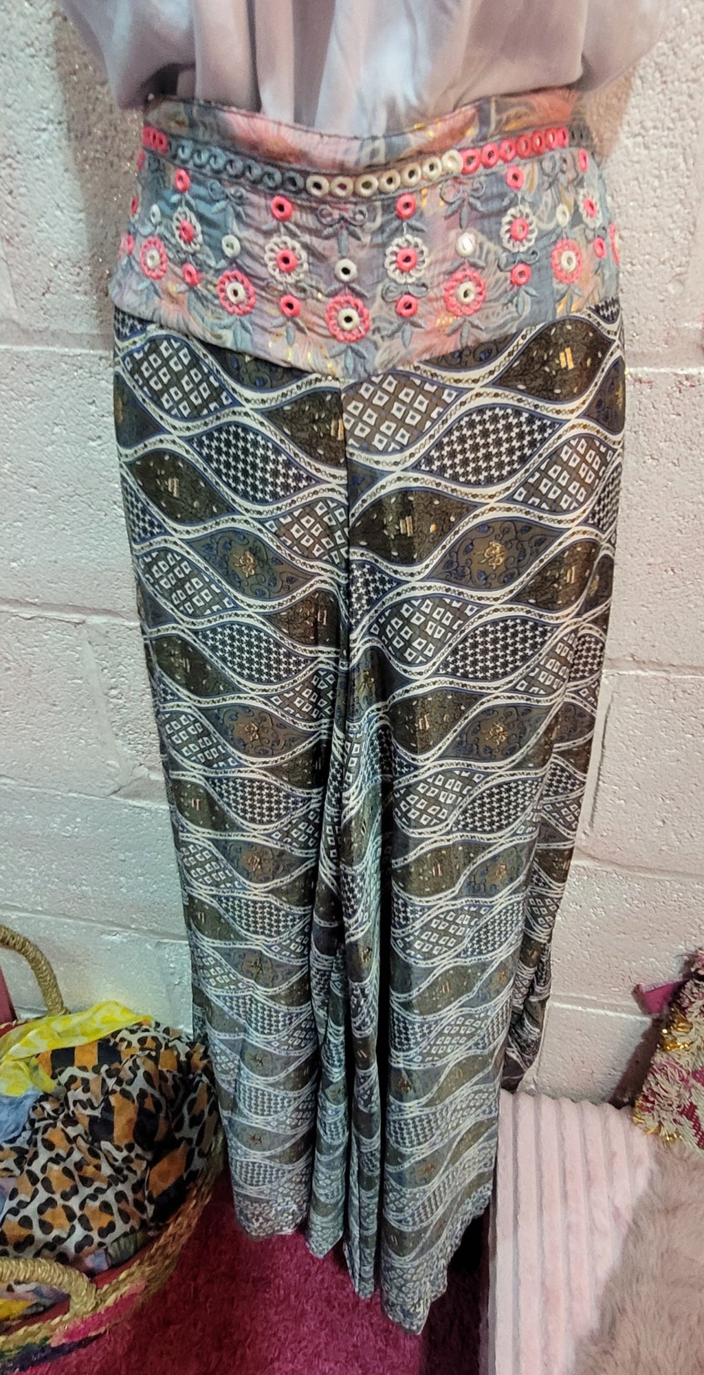 Gertie Mirrored Band Pallazzo Pants, Navy, Ivory & Gold