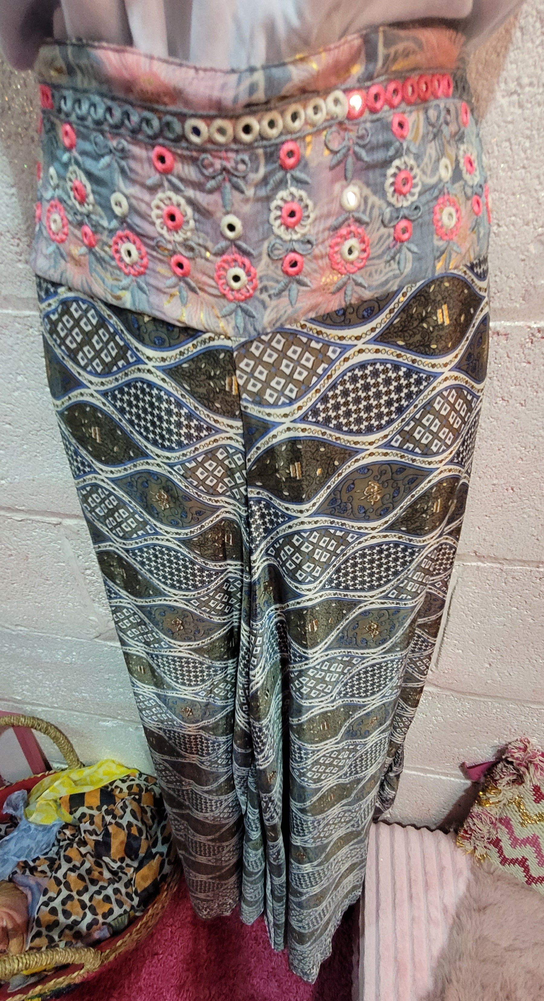 Gertie Mirrored Band Pallazzo Pants, Navy, Ivory & Gold