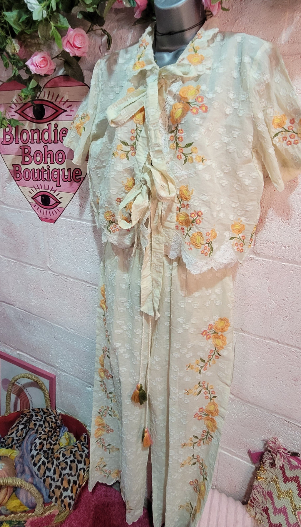 Dolores Daisy Two Piece Trouser Set Ivory & Tangerine