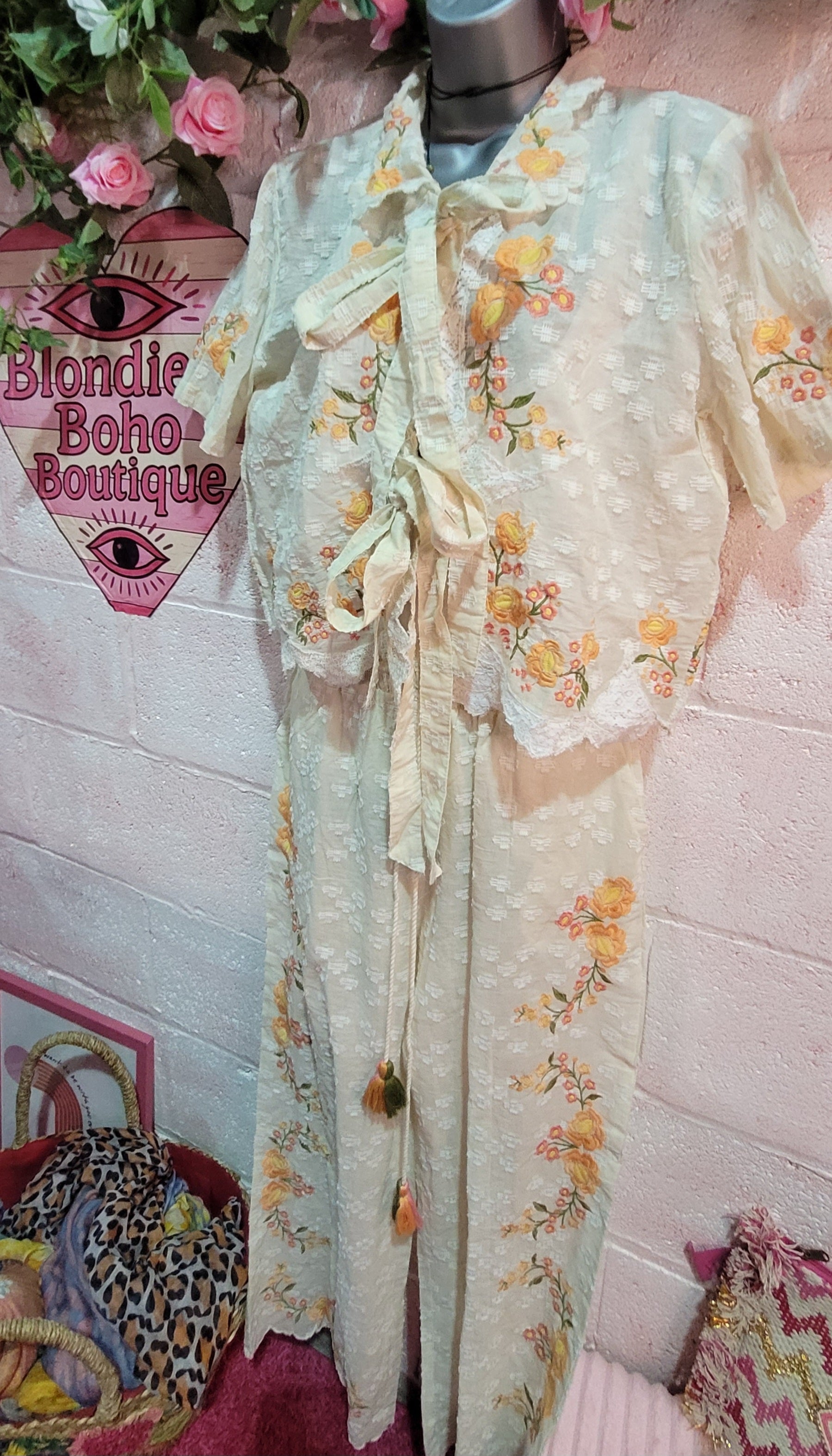Dolores Daisy Two Piece Trouser Set Ivory & Tangerine