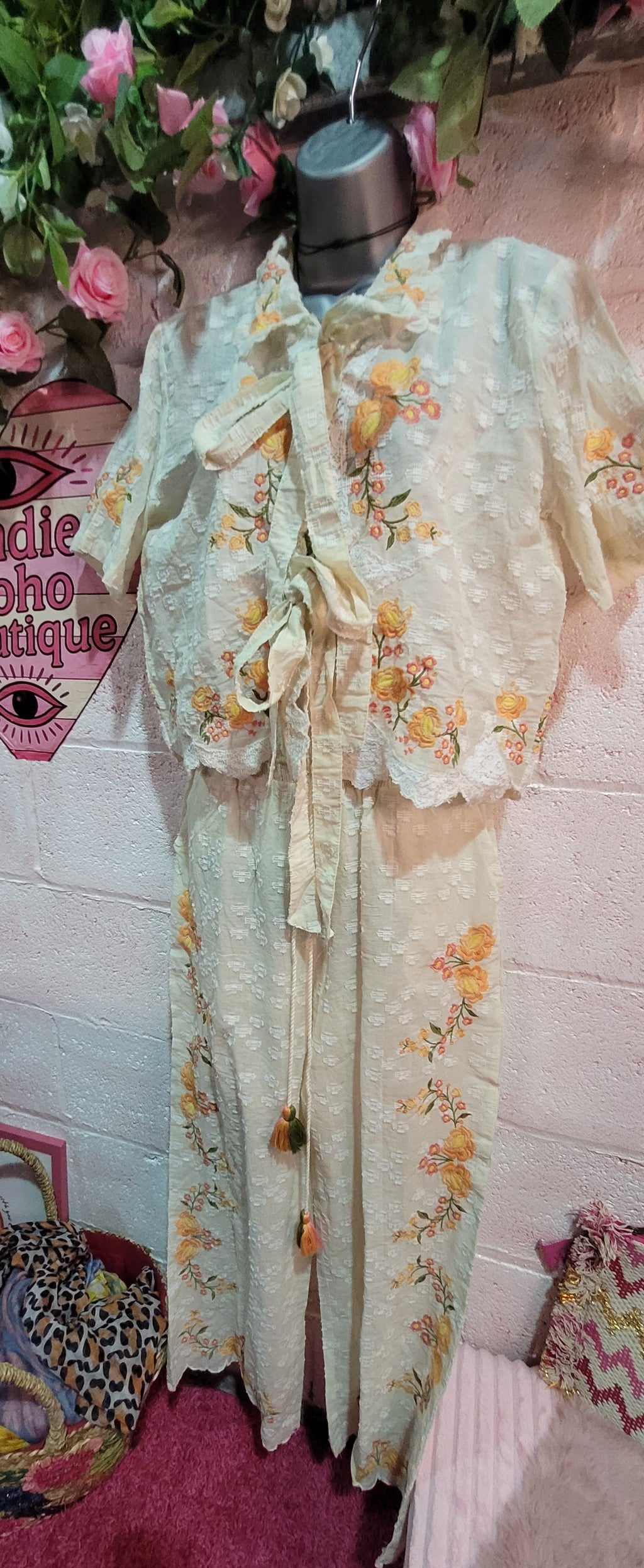 Dolores Daisy Two Piece Trouser Set Ivory & Tangerine