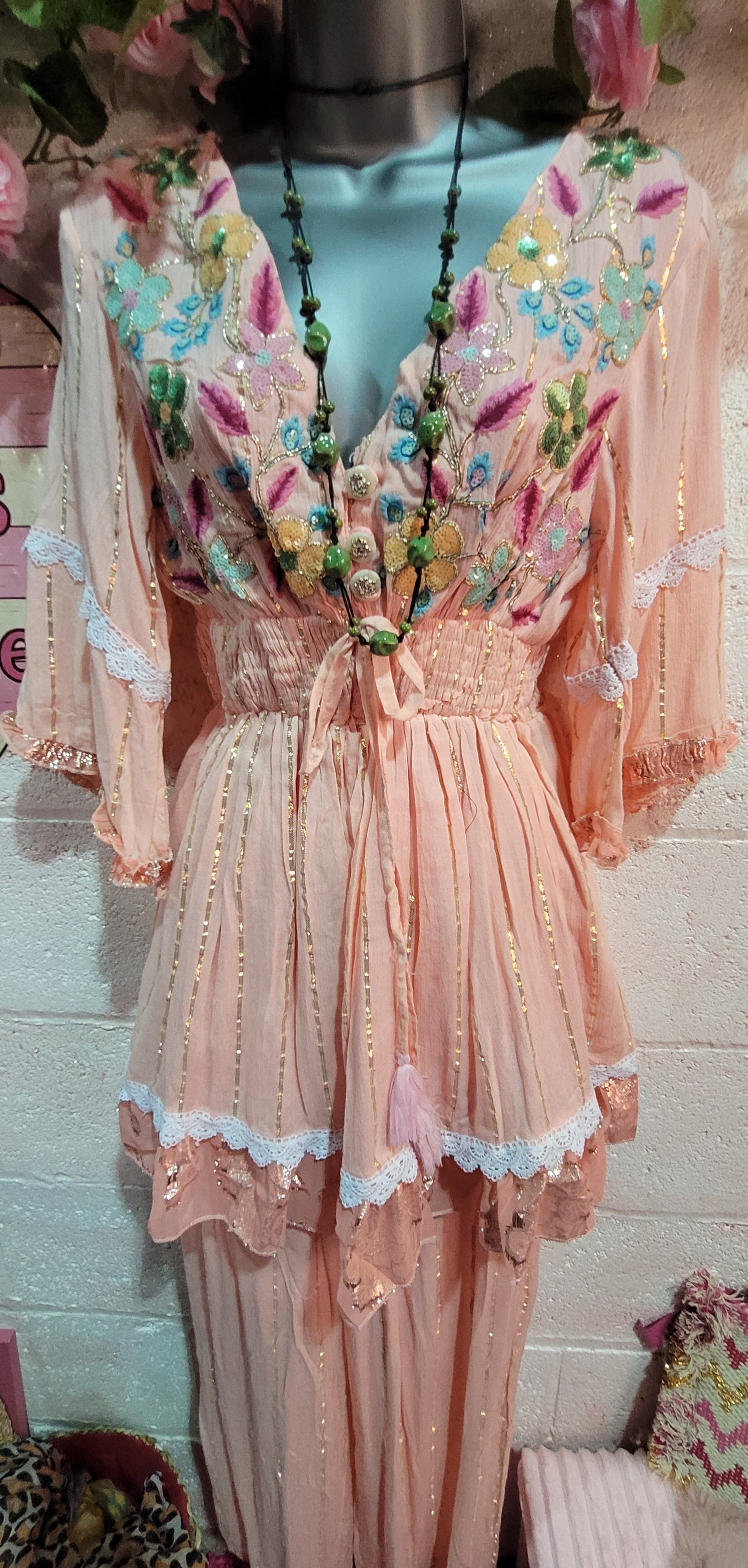 Seema Embellished Two Piece Trouser Set Peach