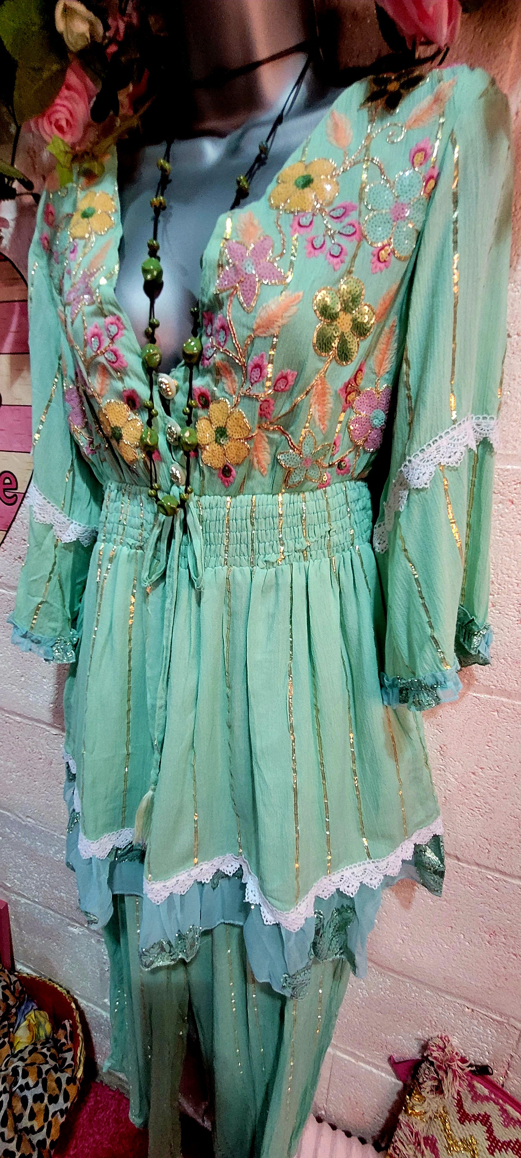 Seema Embellished Two Piece Trouser Set Mint