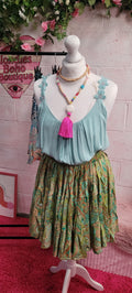 Indi Floral Elastine Waist Midi Skirt Green Paisley Trim