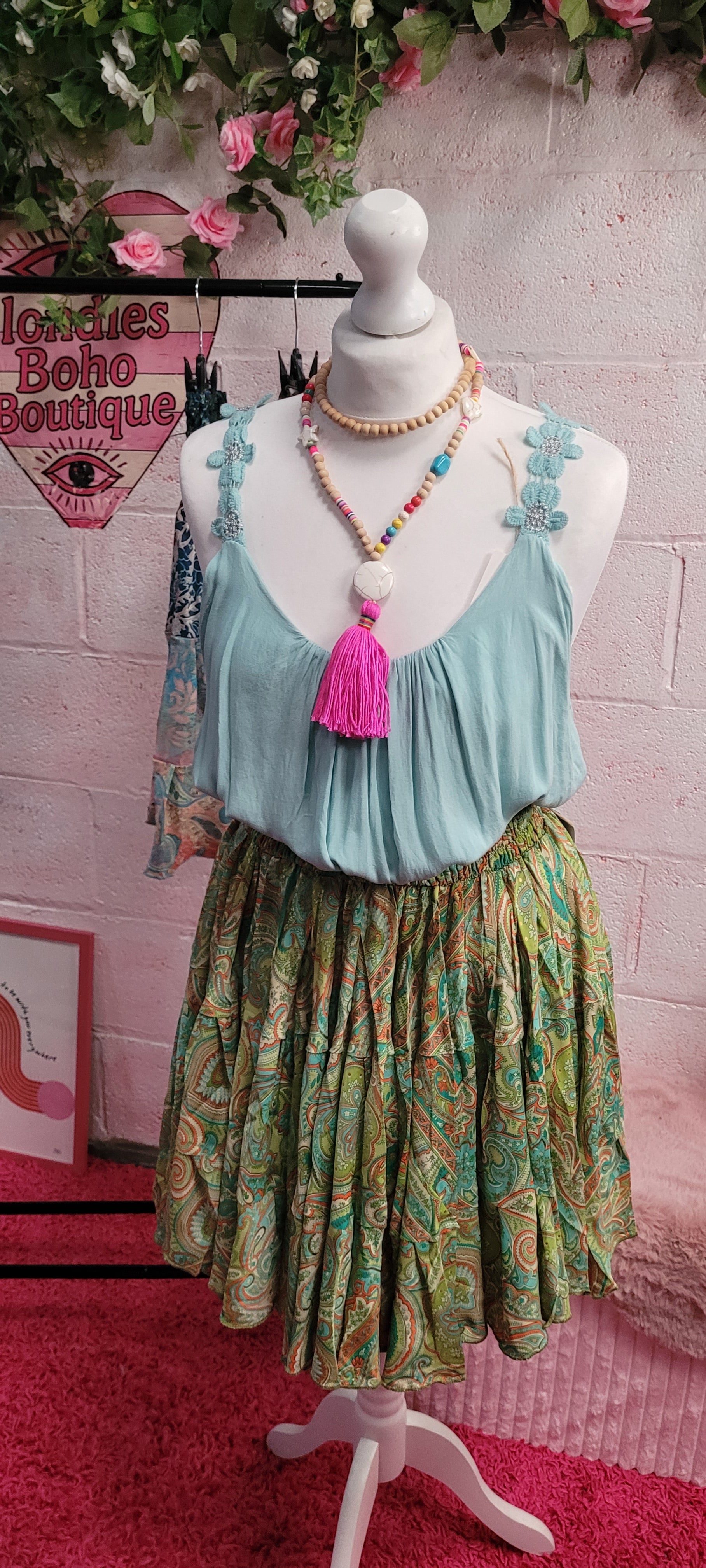 Indi Floral Elastine Waist Midi Skirt Green Paisley Trim