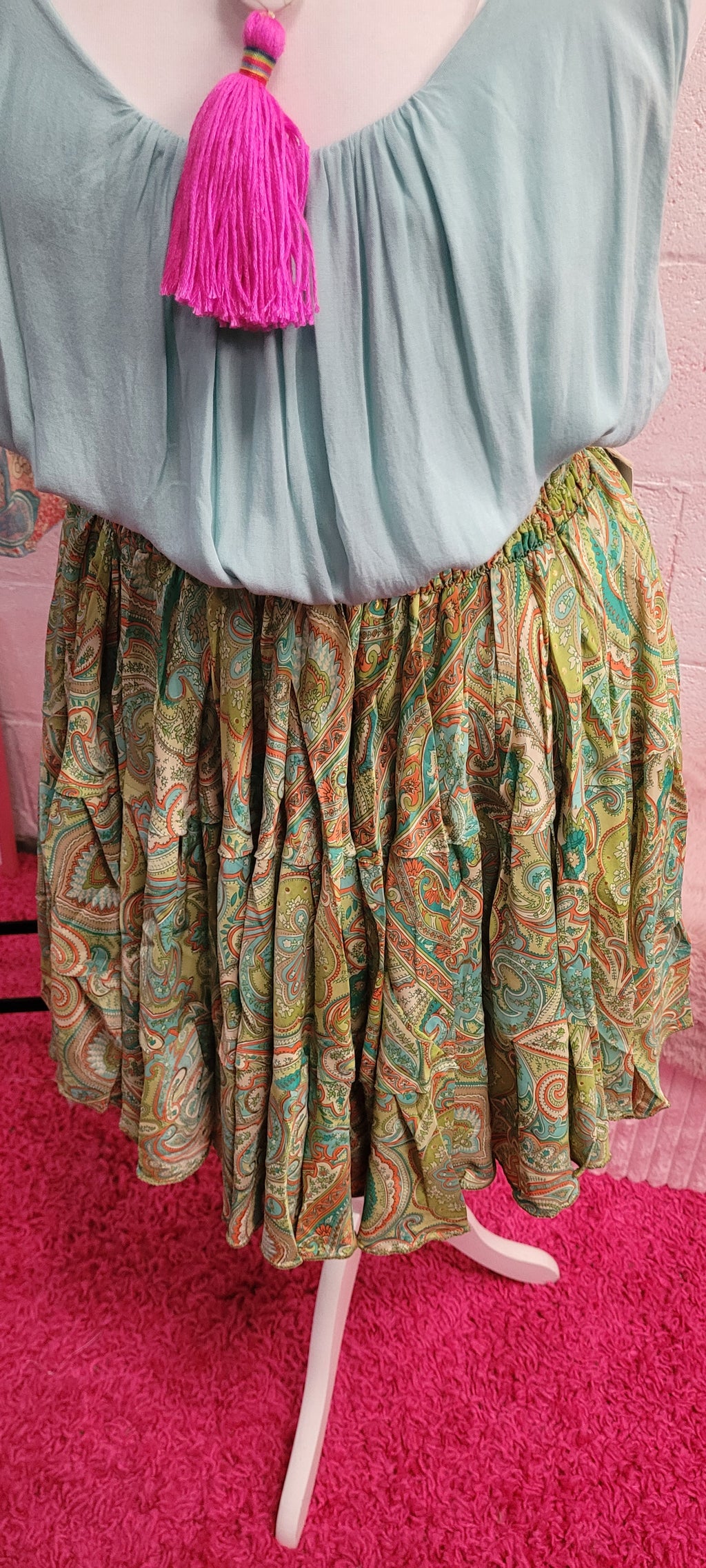 Indi Floral Elastine Waist Midi Skirt Green Paisley Trim