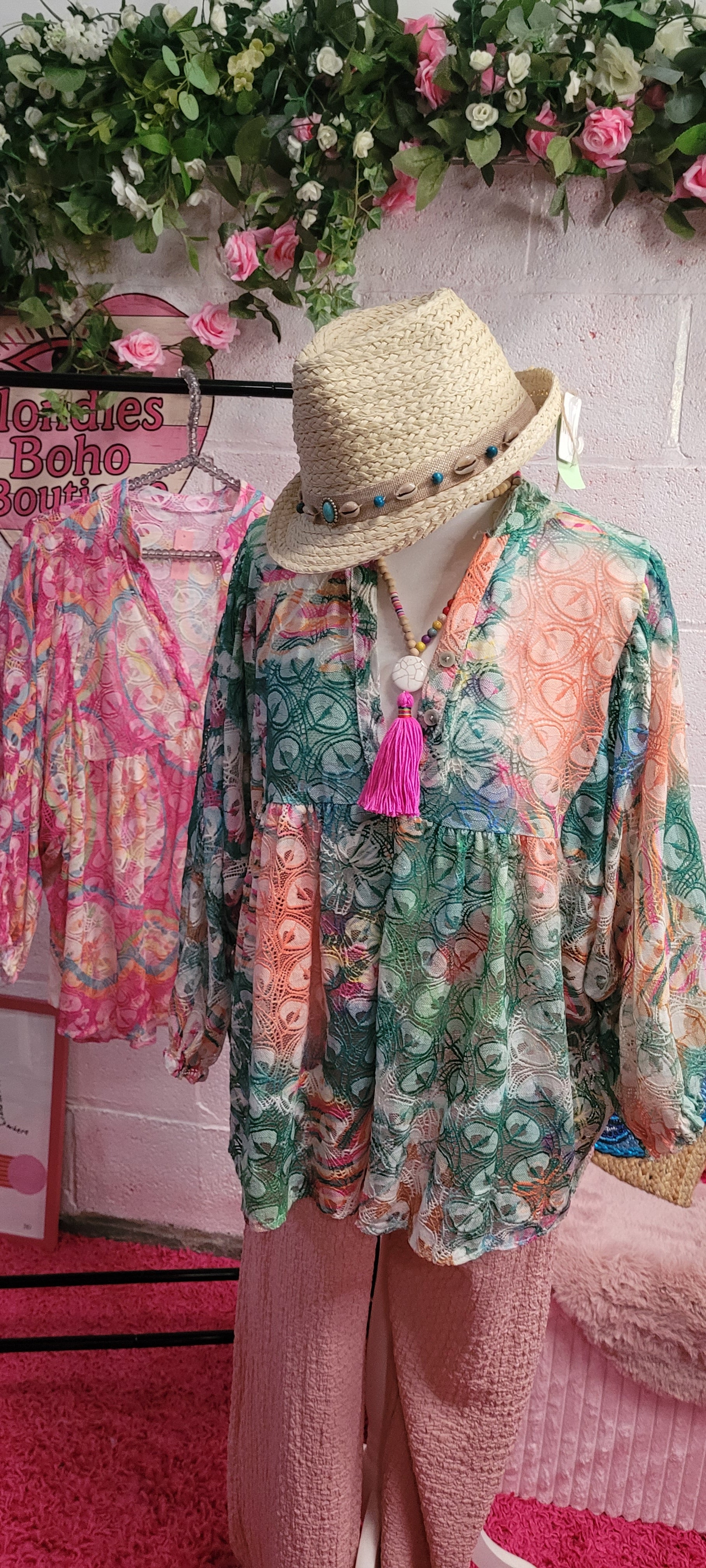 Flora Open Weave Rainbow Frill Top Green