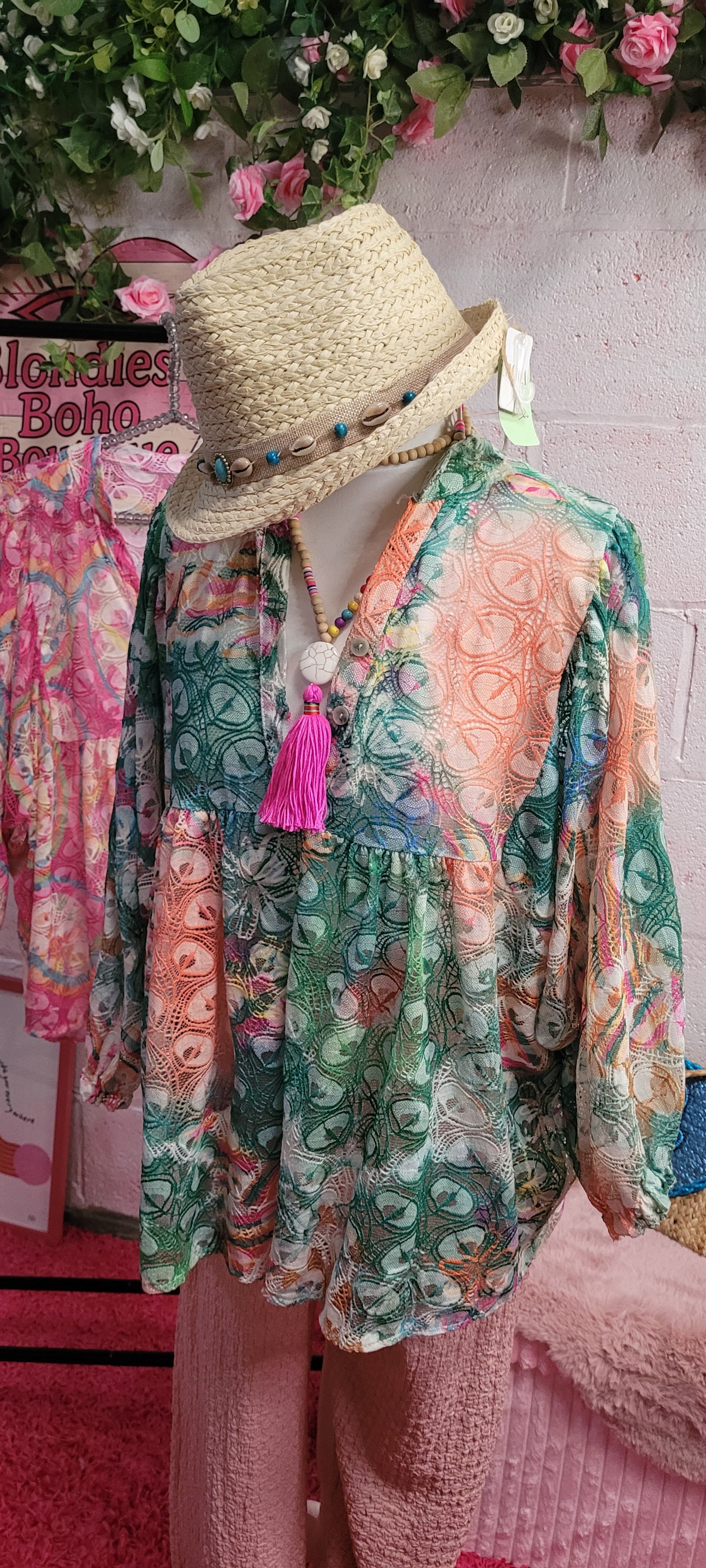 Flora Open Weave Rainbow Frill Top Green