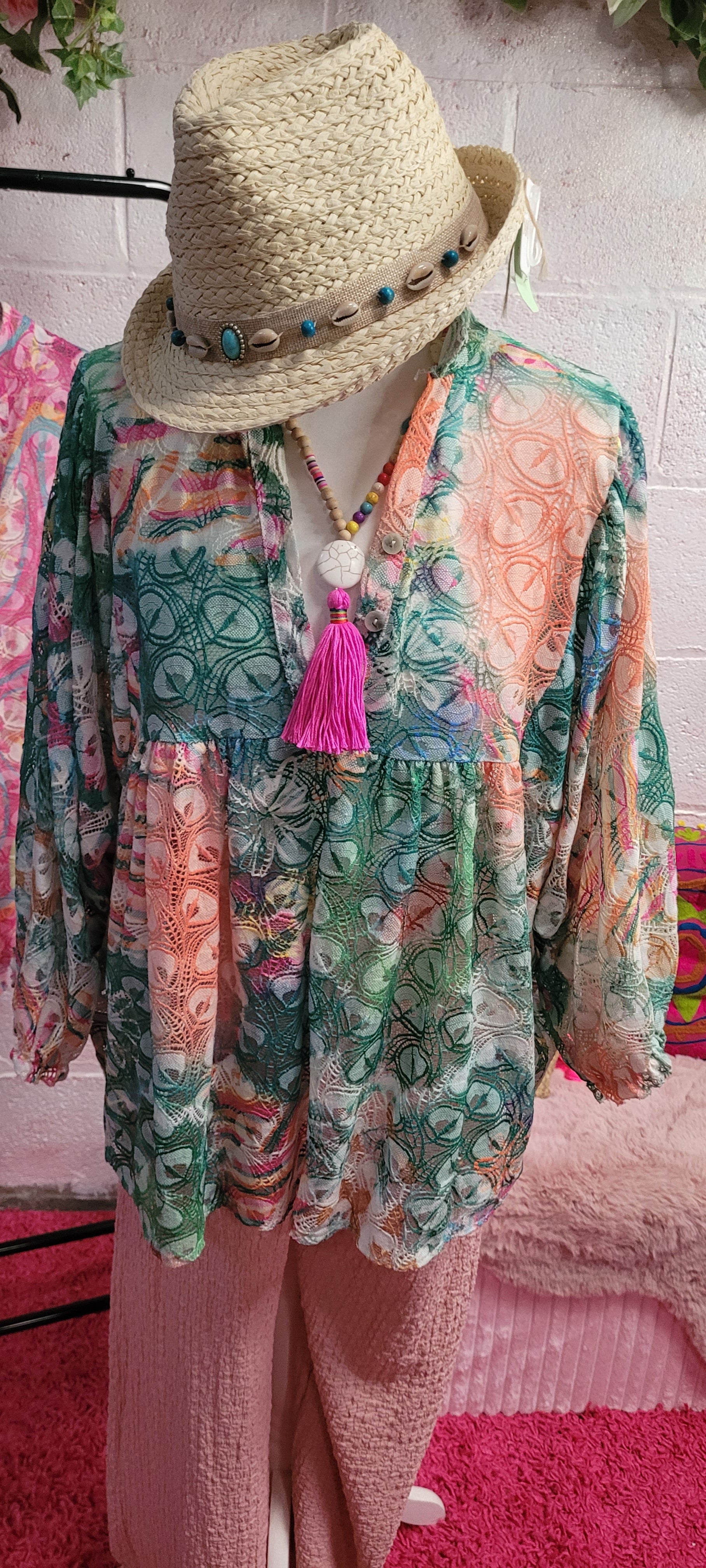Flora Open Weave Rainbow Frill Top Green