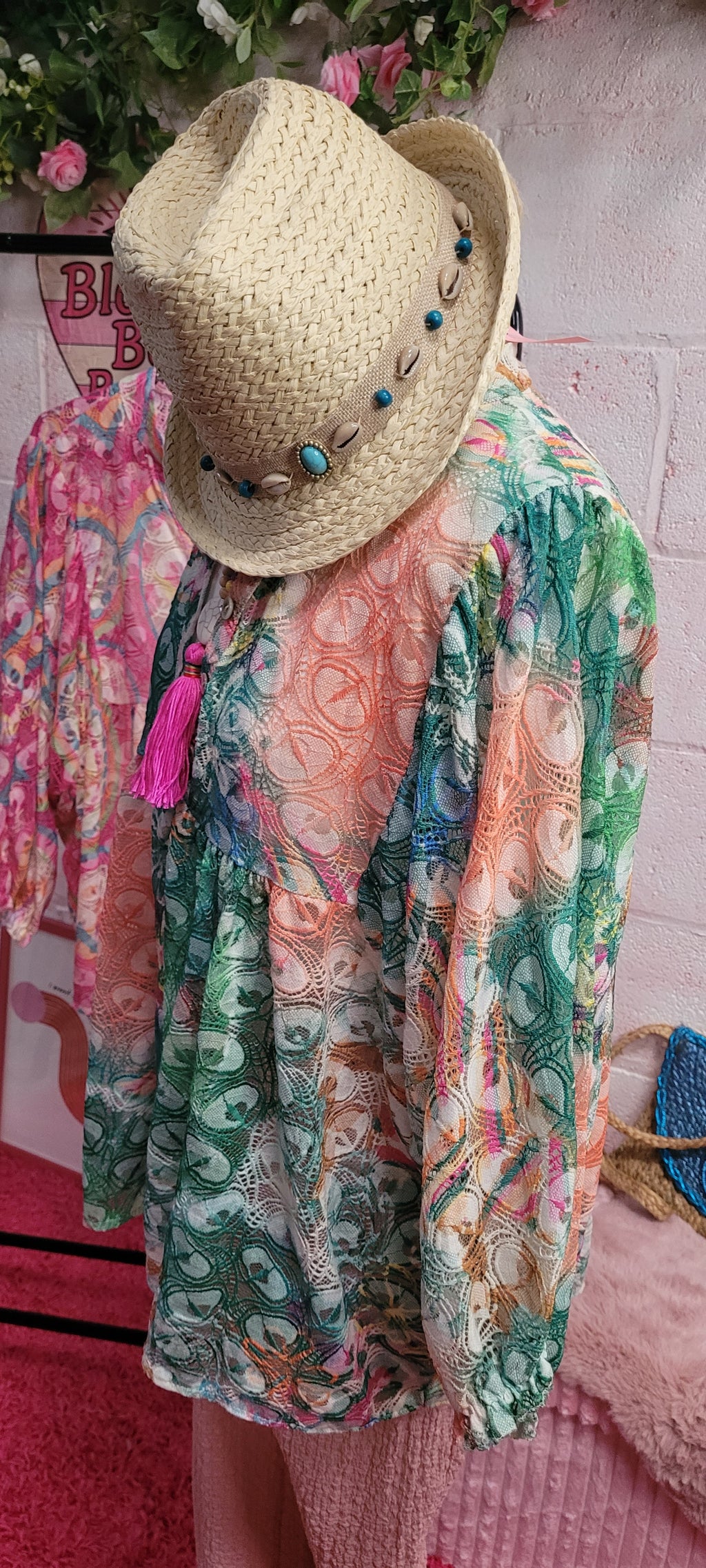 Flora Open Weave Rainbow Frill Top Green