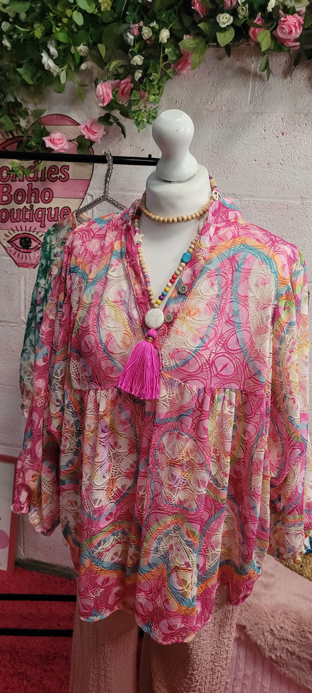 Flora Open Weave Rainbow Frill Top Pink