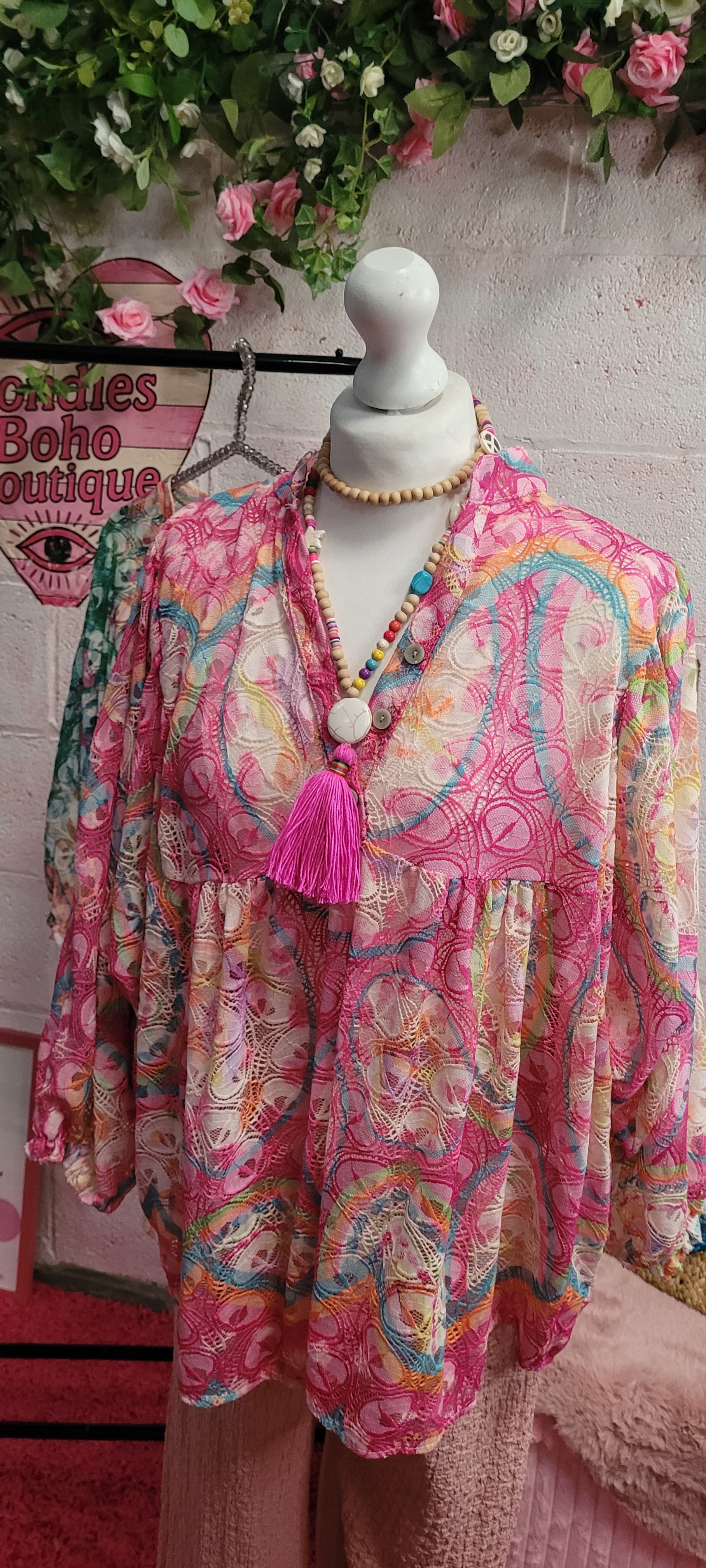 Flora Open Weave Rainbow Frill Top Pink