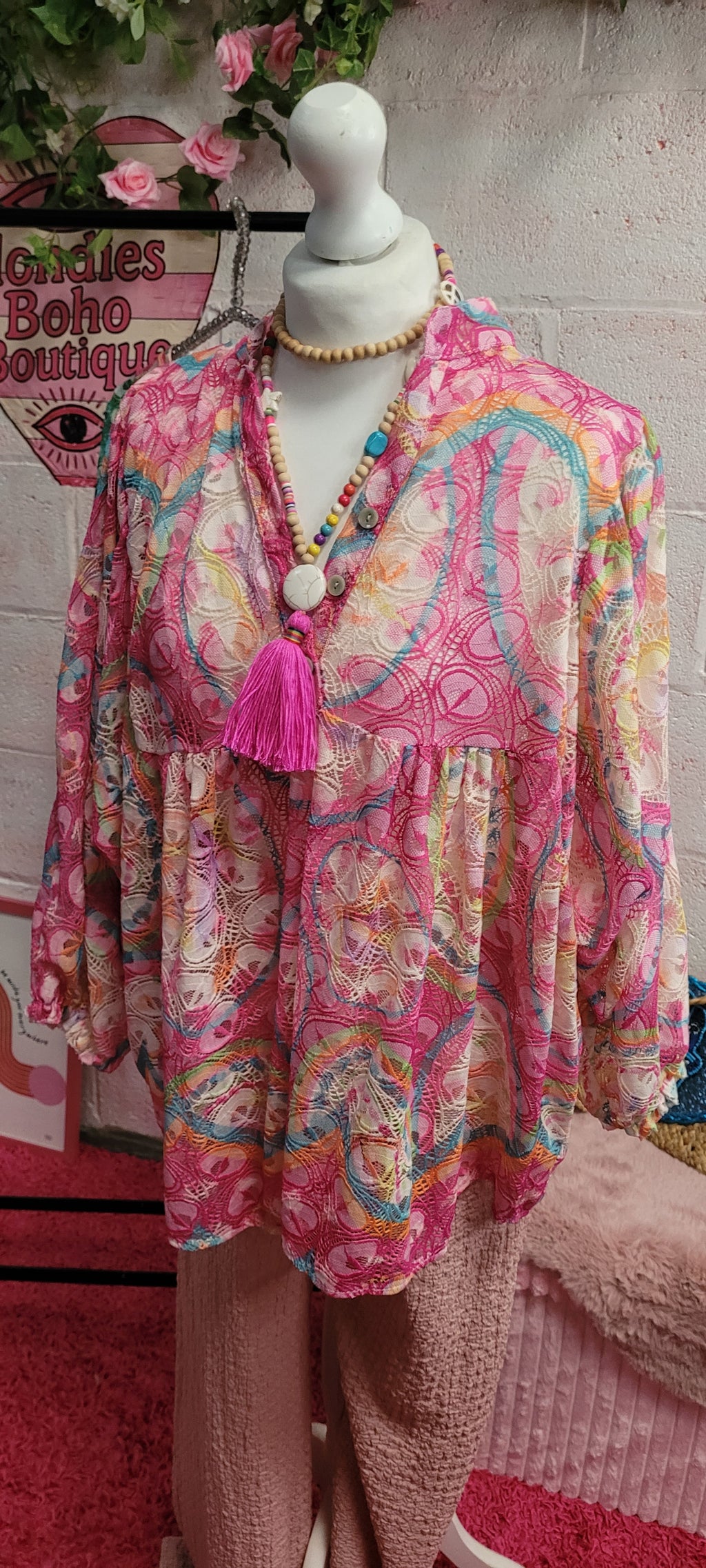 Flora Open Weave Rainbow Frill Top Pink
