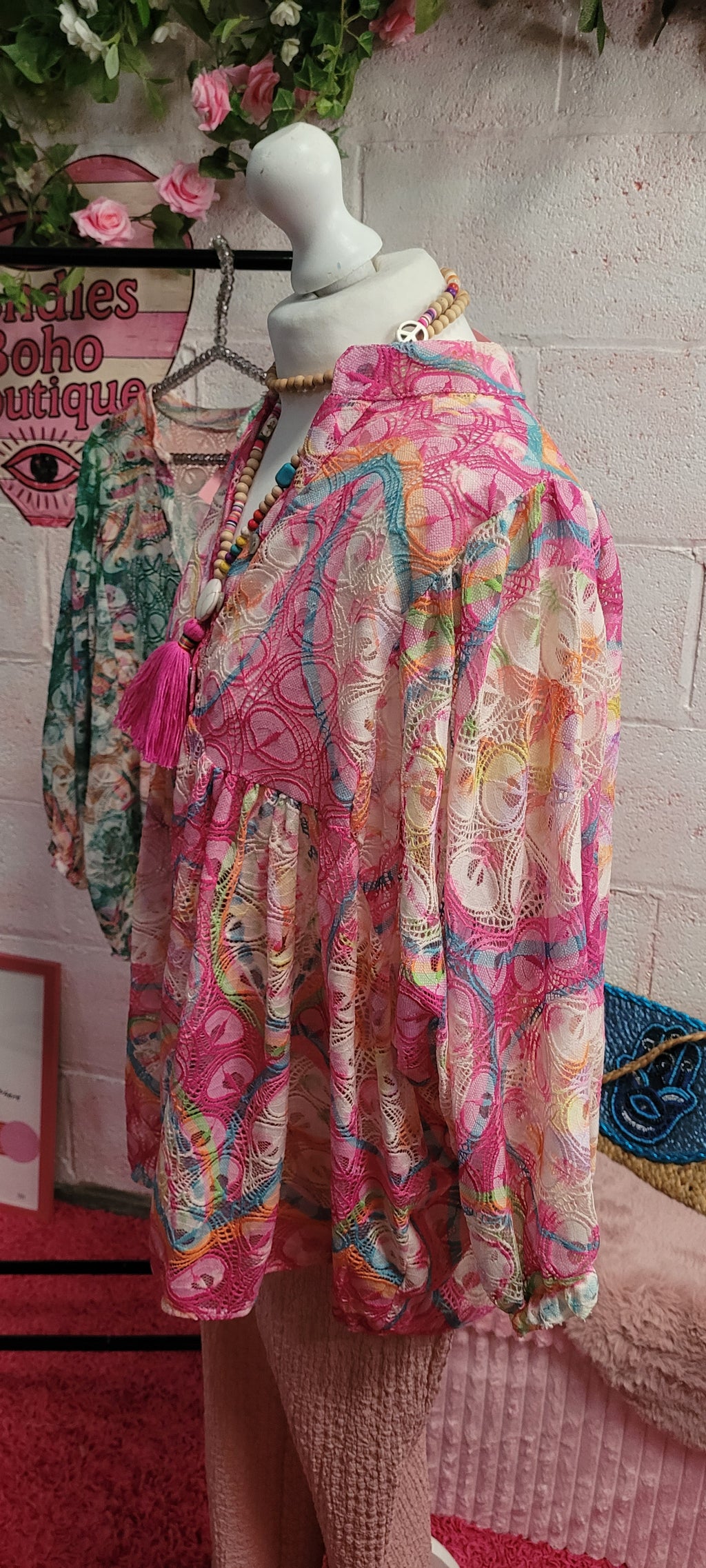 Flora Open Weave Rainbow Frill Top Pink