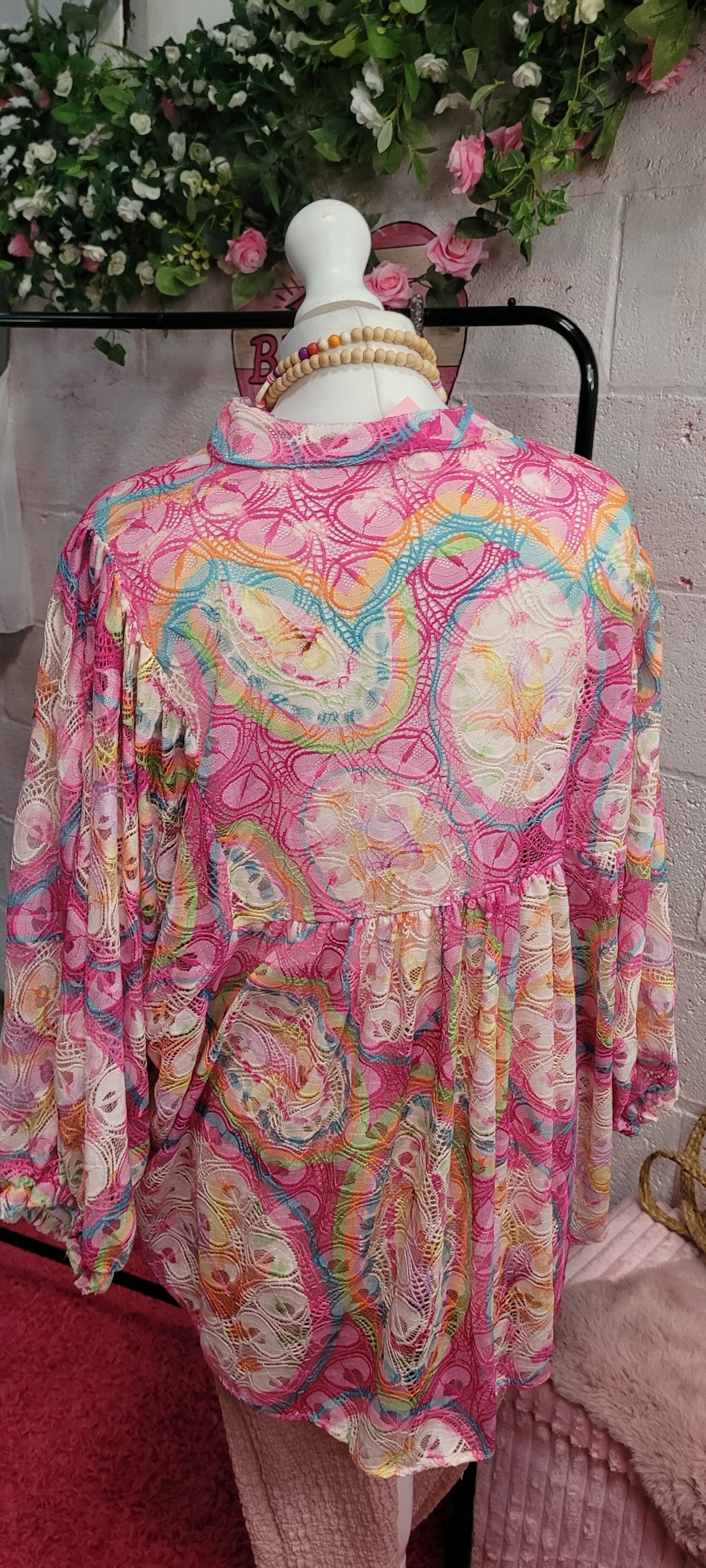 Flora Open Weave Rainbow Frill Top Pink