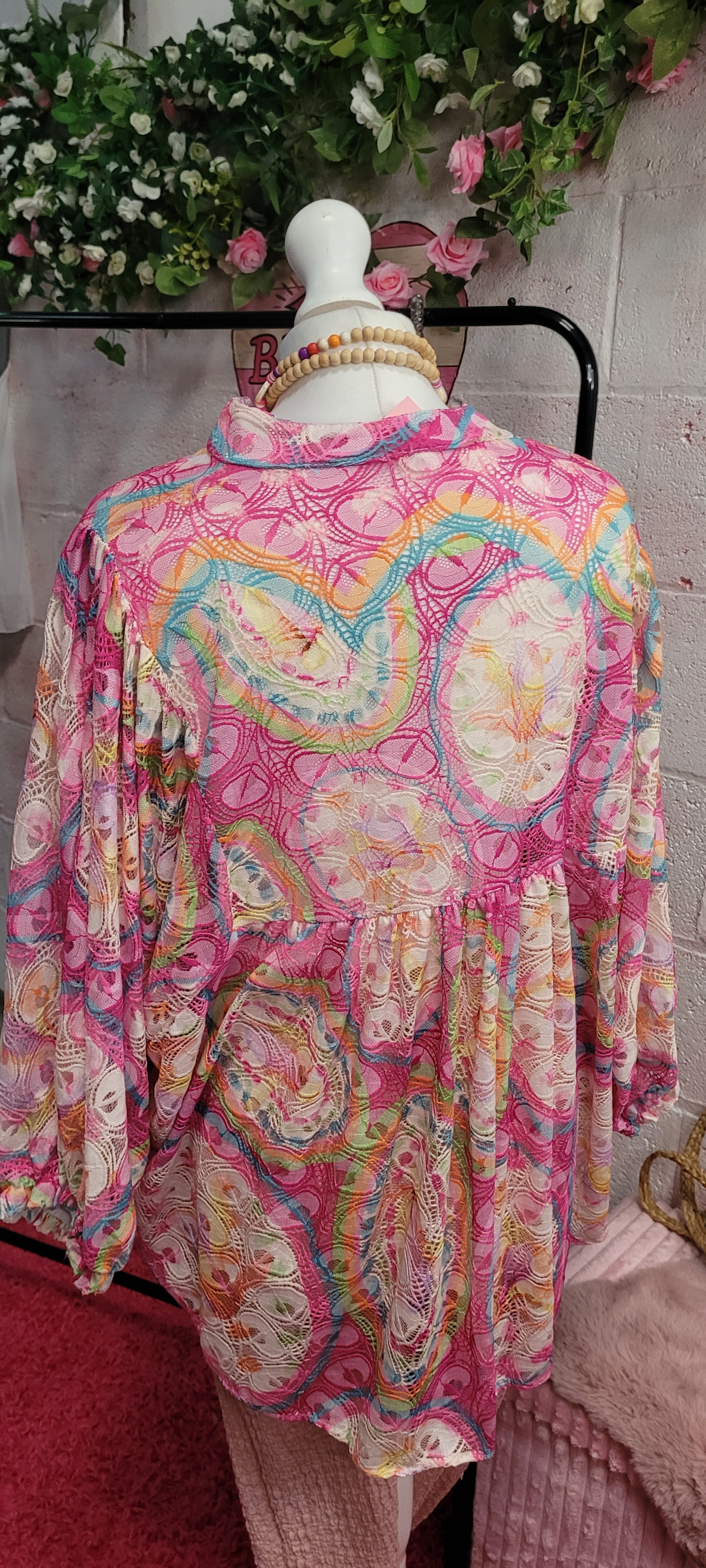 Flora Open Weave Rainbow Frill Top Pink