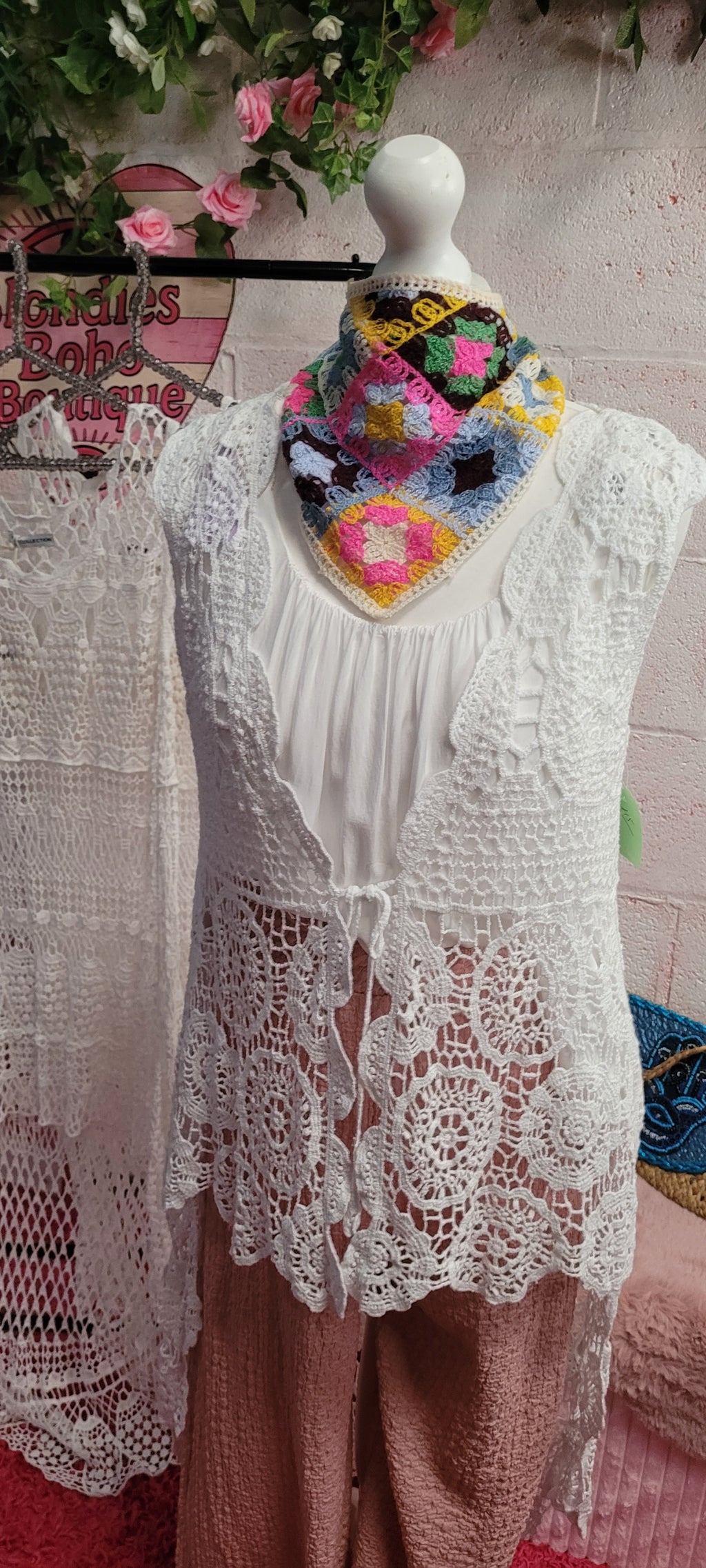 Tre Long Line Crochet Waistcoat Bow Detailing White