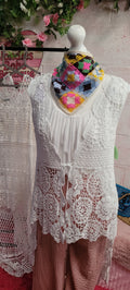 Tre Long Line Crochet Waistcoat Bow Detailing White