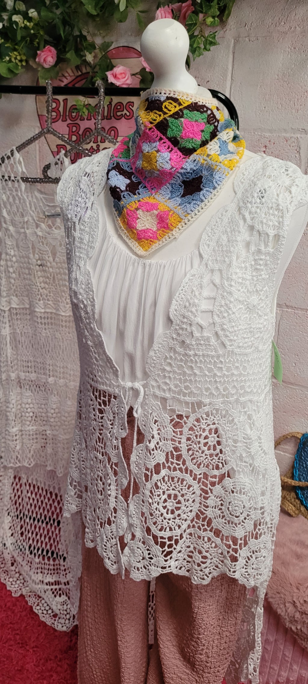 Tre Long Line Crochet Waistcoat Bow Detailing White