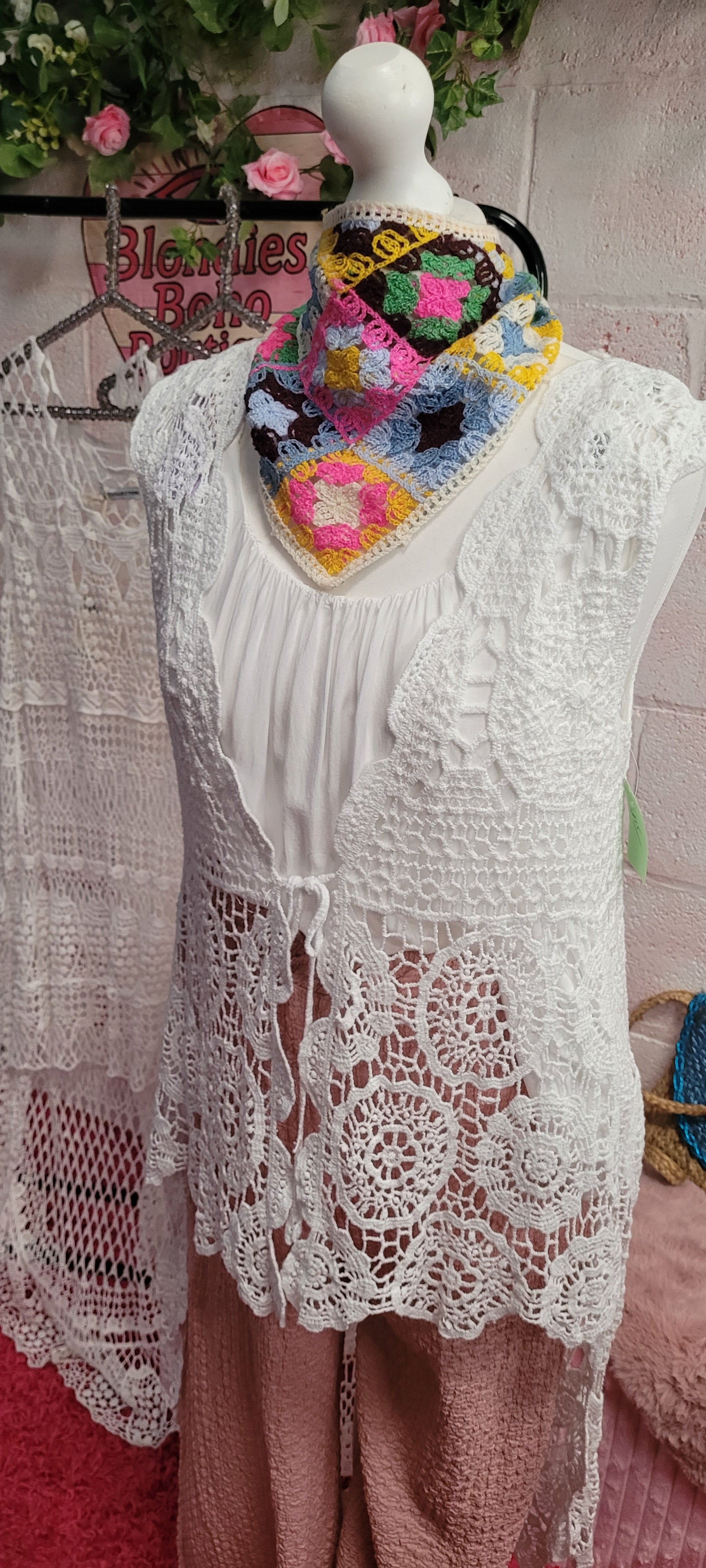 Tre Long Line Crochet Waistcoat Bow Detailing White