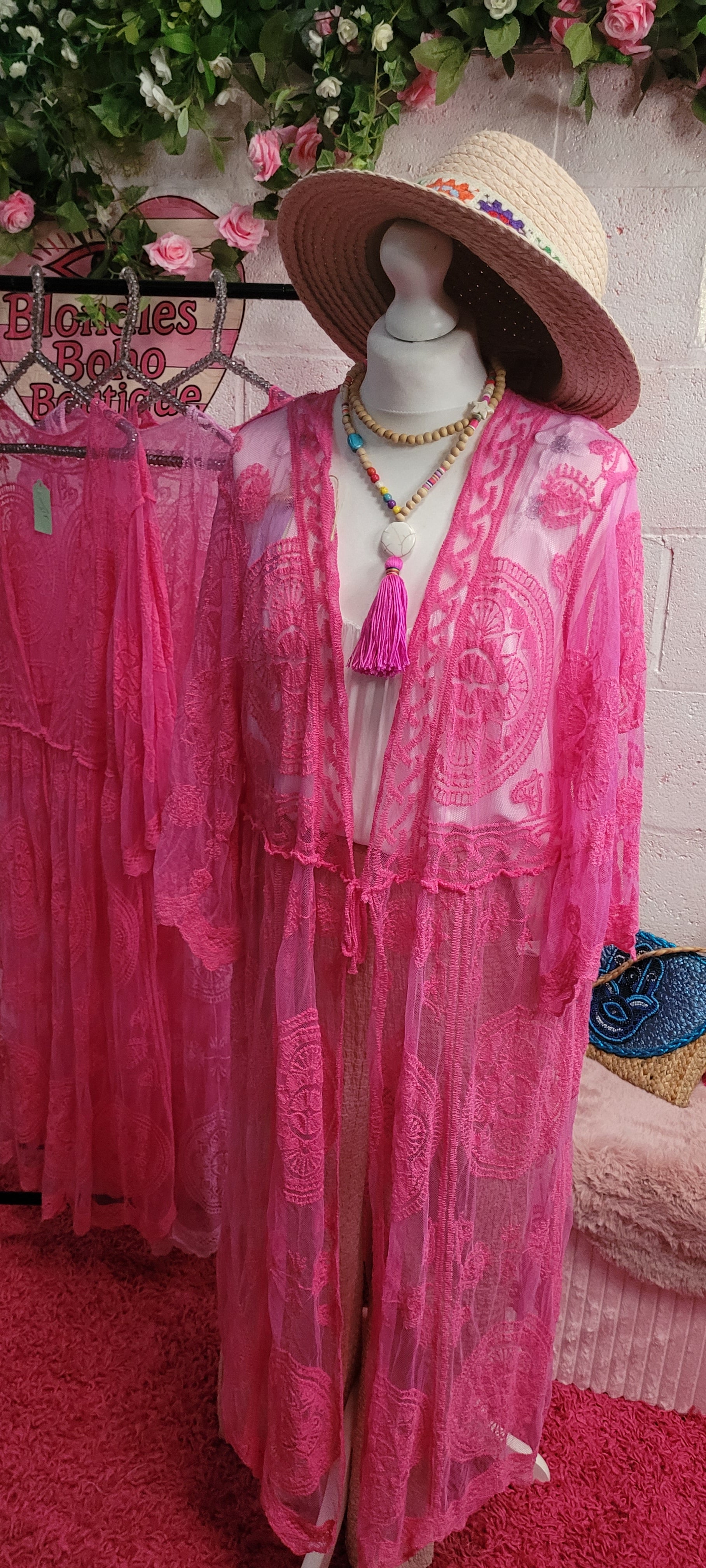 Beau Beach Cover All Lacework Tie Trim Kaftan Powder Fuschia