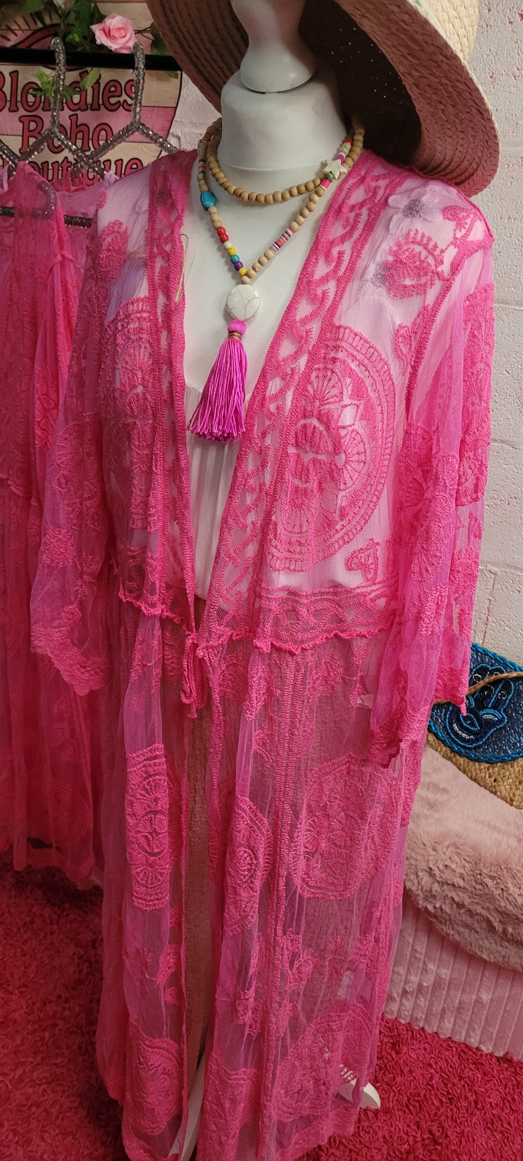 Beau Beach Cover All Lacework Tie Trim Kaftan Powder Fuschia