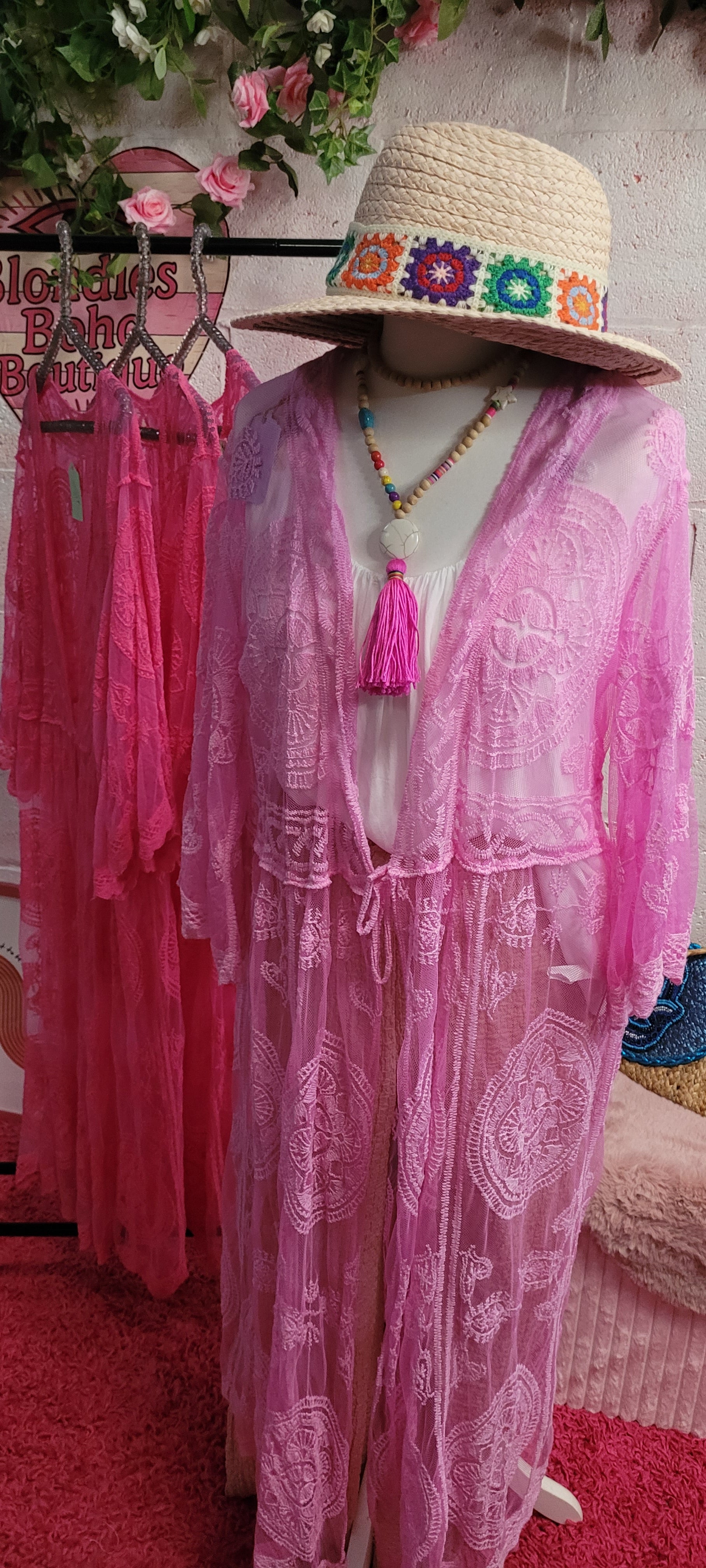 Beau Beach Cover All Lacework Tie Trim Kaftan Powder Pink