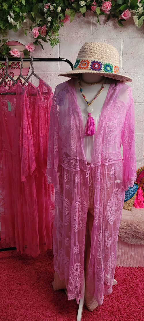 Beau Beach Cover All Lacework Tie Trim Kaftan Powder Pink