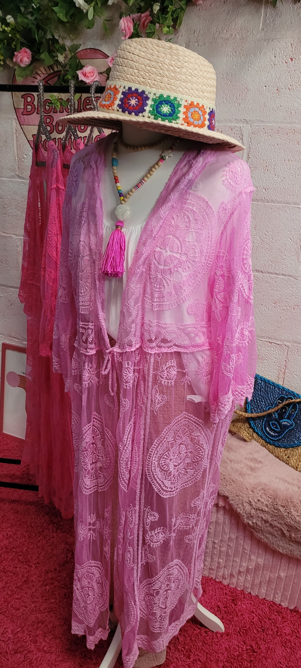 Beau Beach Cover All Lacework Tie Trim Kaftan Powder Pink
