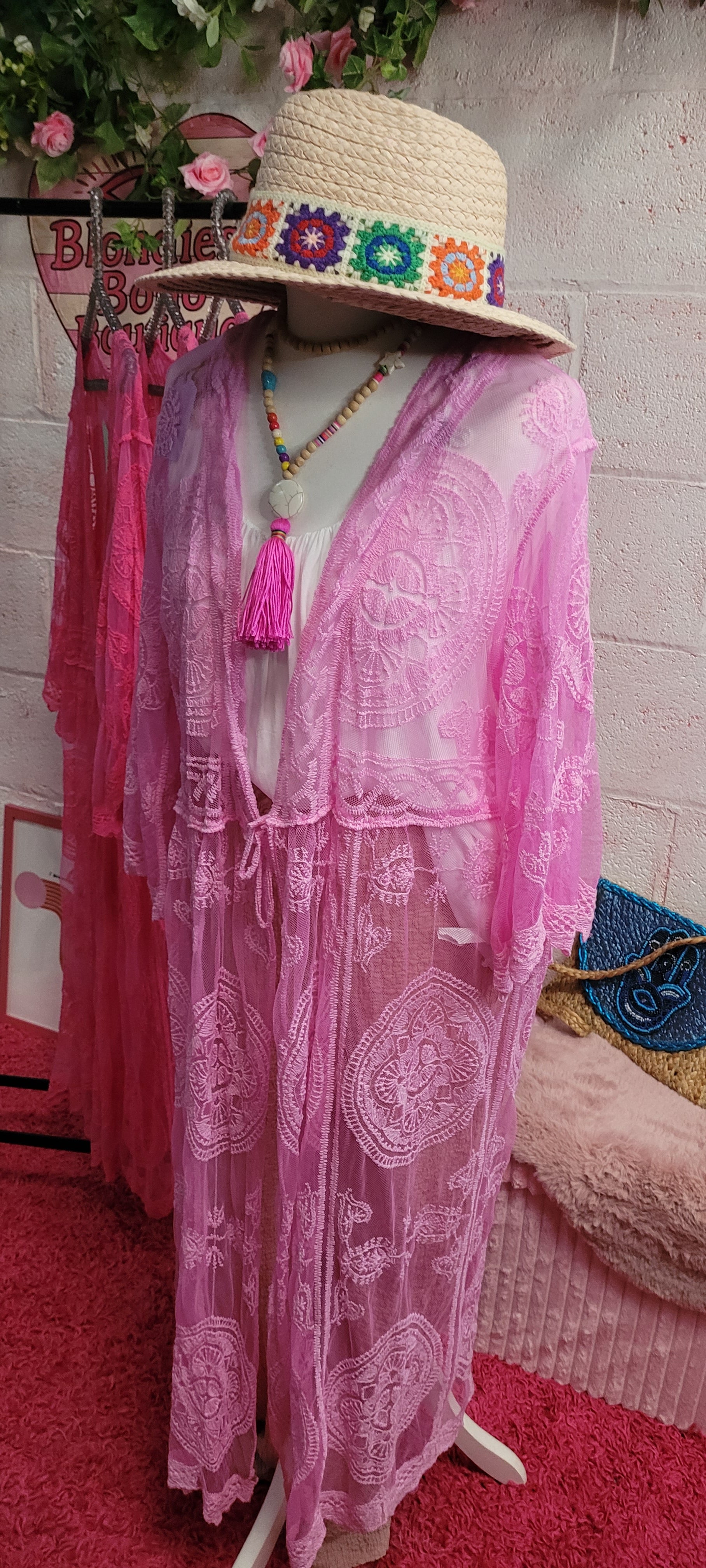 Beau Beach Cover All Lacework Tie Trim Kaftan Powder Pink