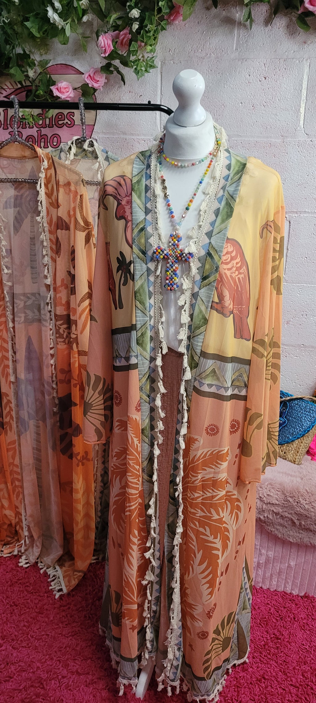Parrot Backed Tassel Trimmed Long Line Kaftan Tangerine & Oatmeal