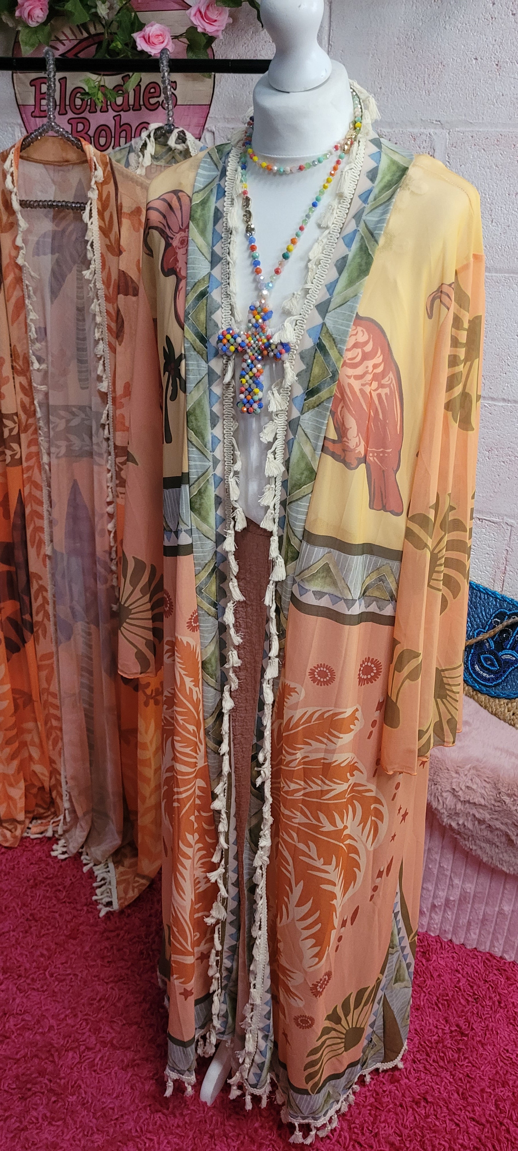 Parrot Backed Tassel Trimmed Long Line Kaftan Tangerine & Oatmeal