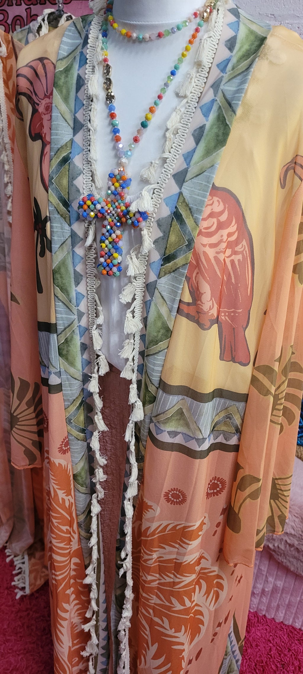 Parrot Backed Tassel Trimmed Long Line Kaftan Tangerine & Oatmeal