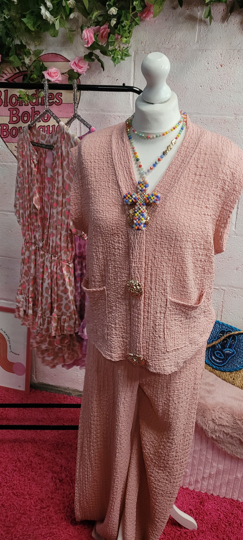 Lowra 2 Piece Tank Trouser Set Blush Waffle Pink