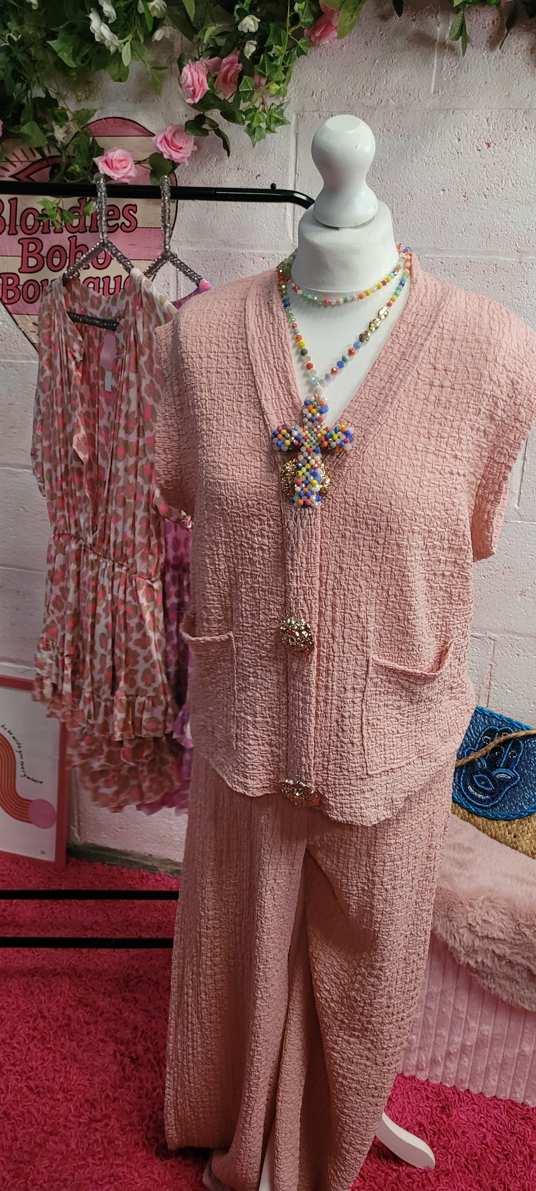 Lowra 2 Piece Tank Trouser Set Blush Waffle Pink